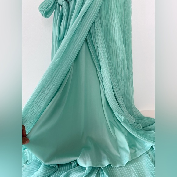 DKNY Mint Green Pleated Wrap High Low Chiffon Belted Dress Women Size 14 Party - Picture 13 of 13